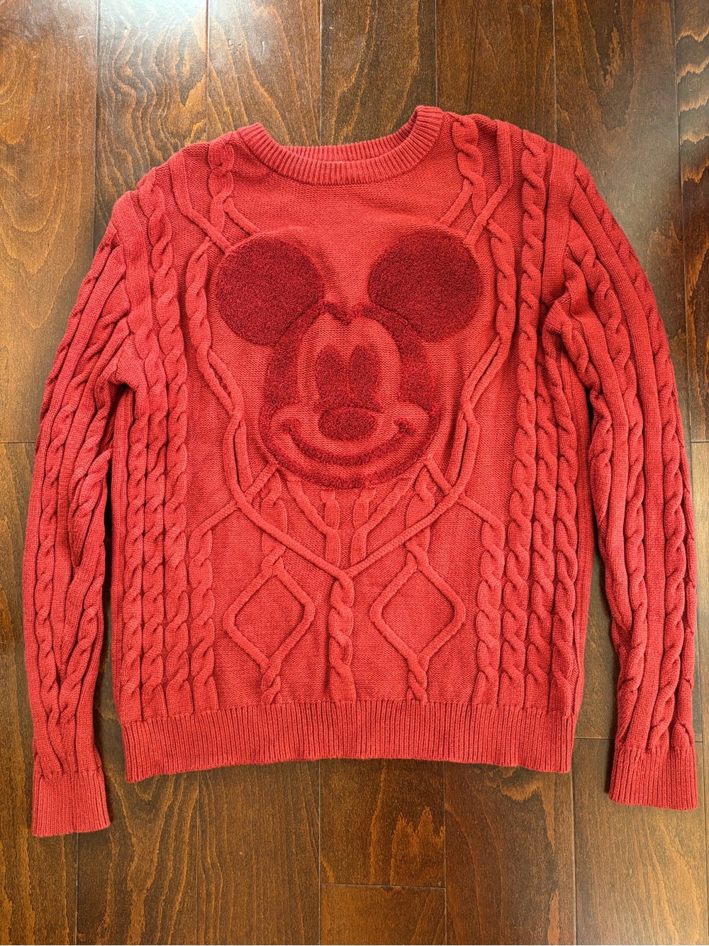 Disney Parks Mickey Mouse Cable Knit Crew Neck Pullover Sweater, Dark Red Size L